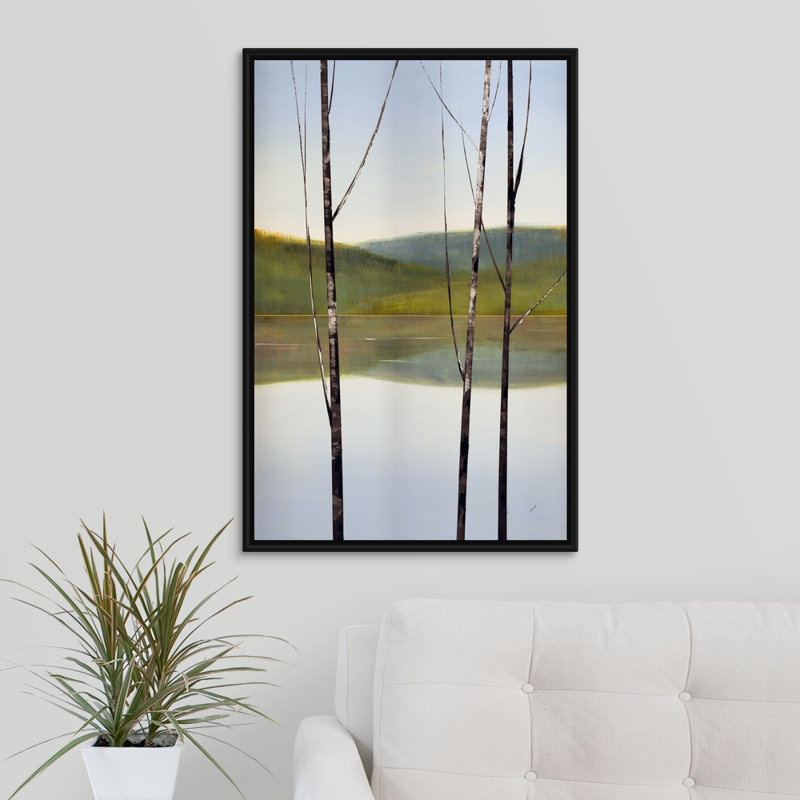 « calme eaux ii », peinture sur toile, Cadre flottant noir, H 31,7 po x l 21,7 po x P 1,75 po