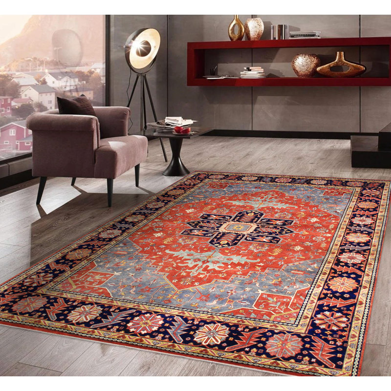 Tapis rectangulaire rouge / bleu / noir en laine noué à la main Serapi, Rectangle 13 pi 6 po x 16 pi 10 po
