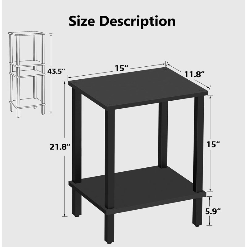 Black 2-Tier Rectangular Side Table with Storage Shelf