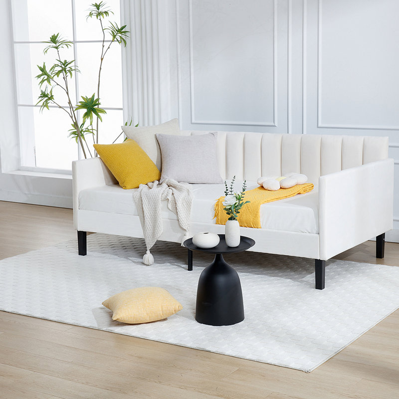 (Mattress Not Included)Twin Size Beige Velvet Upholstered Daybed, Ribbed Tufted Backrest