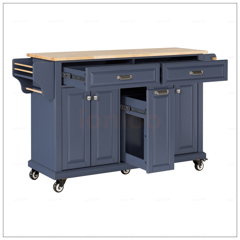 Durable Kitchen Island With Rubberwood Countertop, Spacious Storage, And Mobile Design For Enhanced Cooking And Dining Experience
