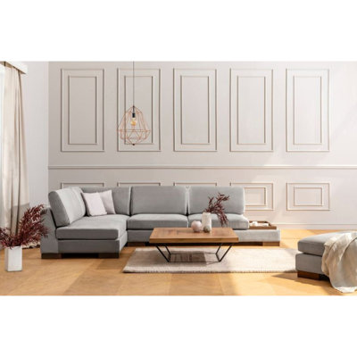 Élégant canapé d'angle gris clair de 76,0 po x 123,2 po x 31,5 po | Structure en bois de hêtre et en carton, tissu 100% polyester | Coussins en mousse souple et en plumes, 2 coussins portables inclus | Design scandinave pour espaces de vie modernes