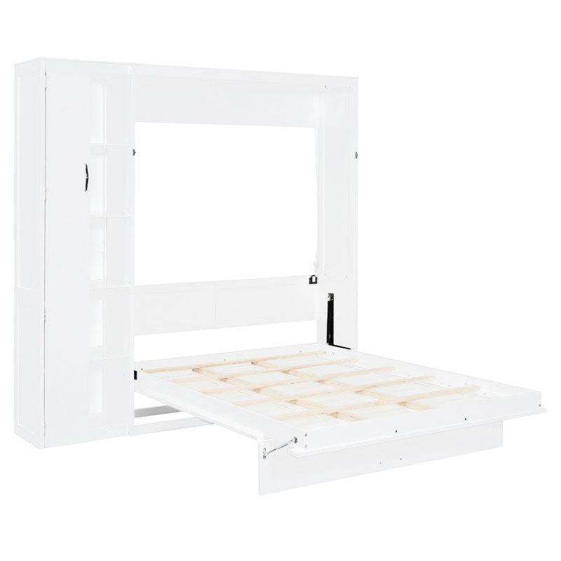 Grand lit mural blanc avec tablettes, garde-robe et lumières à DEL, pliable pour une utilisation multiple dans une petite chambre d'amis, appartement approprié