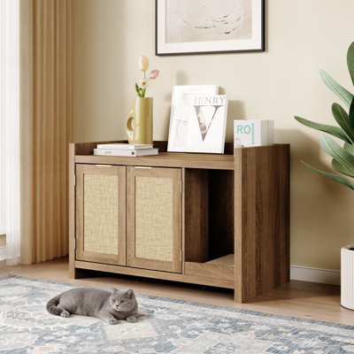 Enceinte pour chat, litière cachée avec porte en rotin