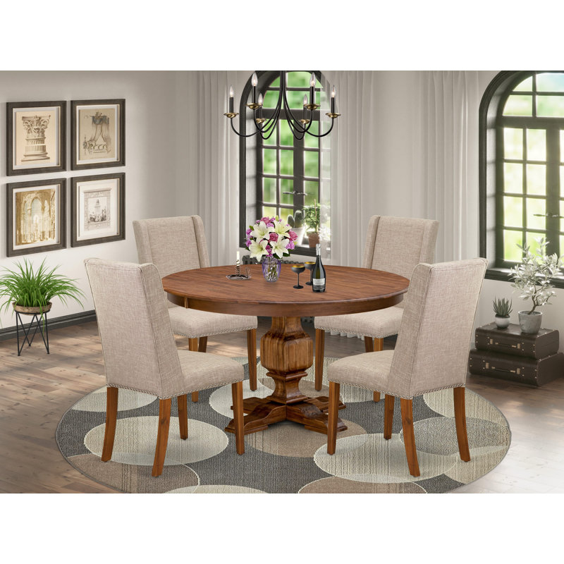 L'ensemble de table de cuisine 5 pièces comprend une table moderne et 4 chaises de salle à manger en tissu de lin brun clair avec dossier rembourré - noyer antique