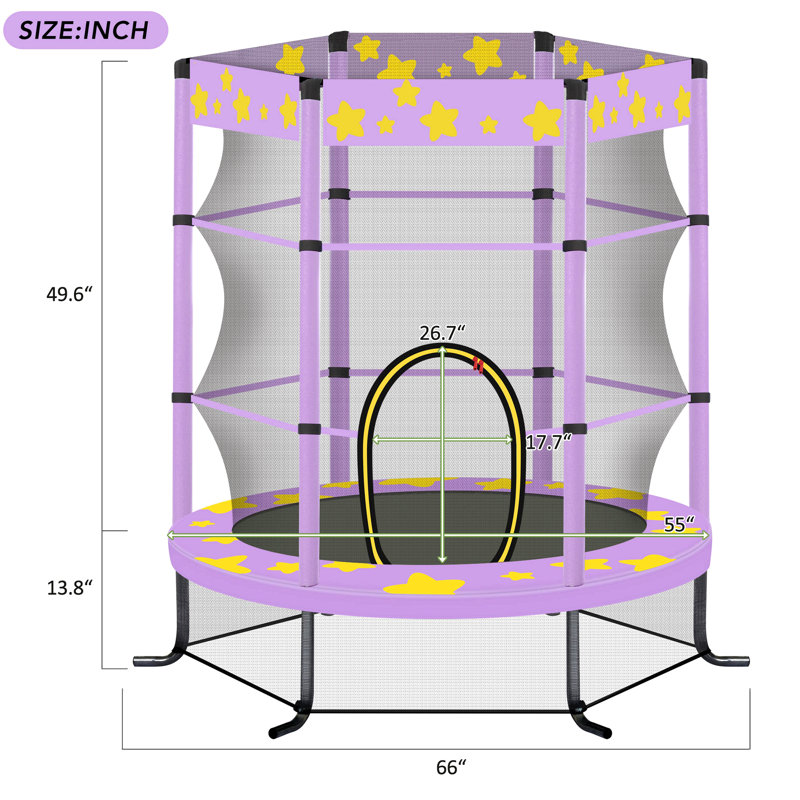 Trampoline pour enfants de 55 pouces avec filet de sécurité, trampoline intérieur pour enfants 4,5 pi, Mauve