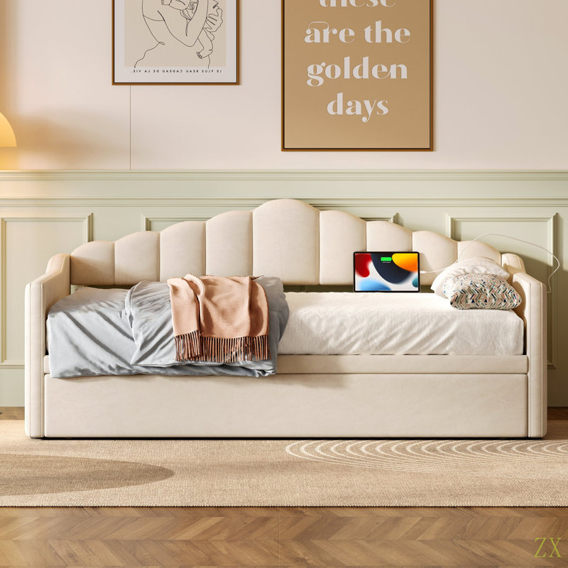 Upholstered Twin Size Daybed With Adjustable Height Pop Up Trundle Twin Bed And USB & Type-C Charging Port, Day Bed Frame With 2 Side Pockets, No Box-Spring Needed