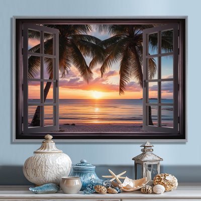 Coucher de soleil sur l'océan tropical à travers une fenêtre blanche ouverte I - art encadré côtier