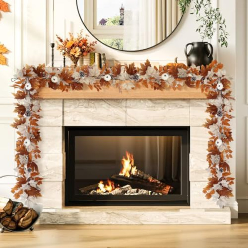 Fall Garland with Lights & Timer, Thanksgiving Fireplace Mantel Décor, 108" L