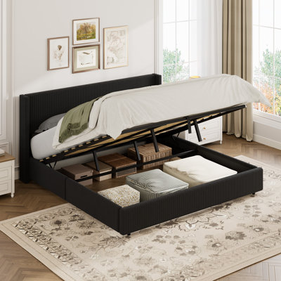 King Lift Up Storage Bed Frame, Corduroy Upholstered Platform Bed with Gas Lift, Padded Headboard, Wooden Slat Support, No Box Spring Needed, Easy Assembly, Black