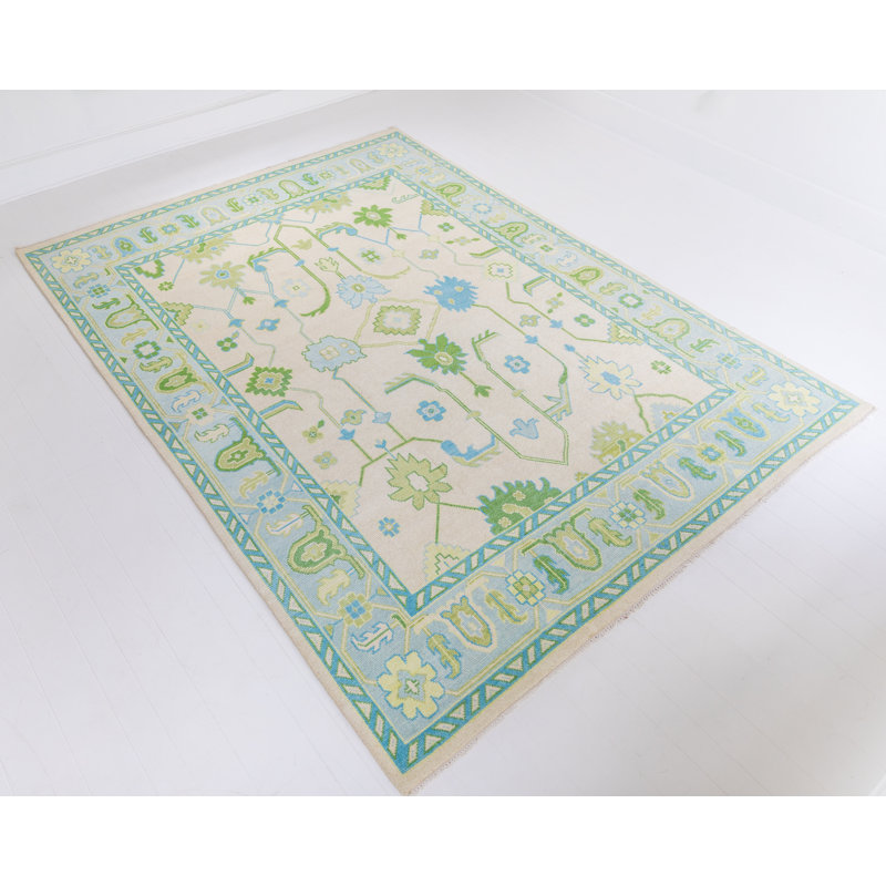 Emogene Hand Knotted Wool Trellis Area Rug, Rectangle 9' x 12'
