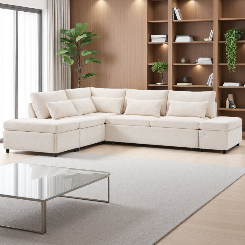 Canapé-lit modulaire de 107 po avec canapé-lit en forme de L avec accoudoirs réglables, charge USB et de type C 107 po, Beige