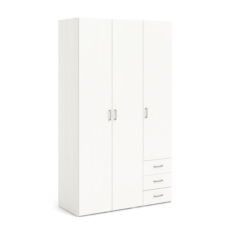 Wardrobe With Three Doors And Three Drawers, White, 200cm H x 116cm W x 50cm D