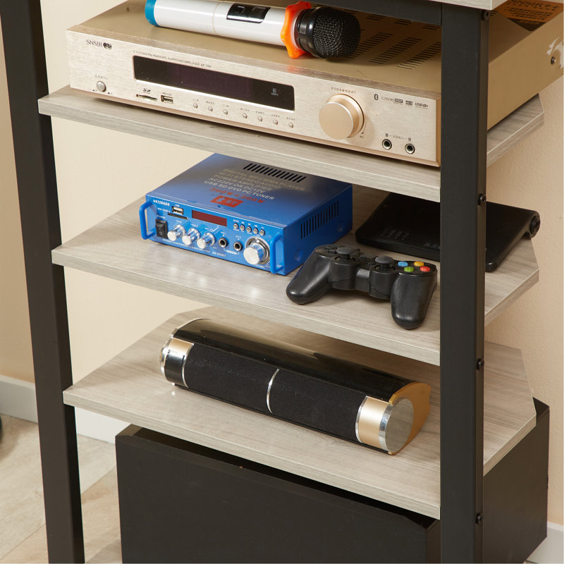 Meuble télé, meuble audio-vidéo, tour audio d'angle avec tablettes de rangement et structure en acier, rangement dans le salon, gris