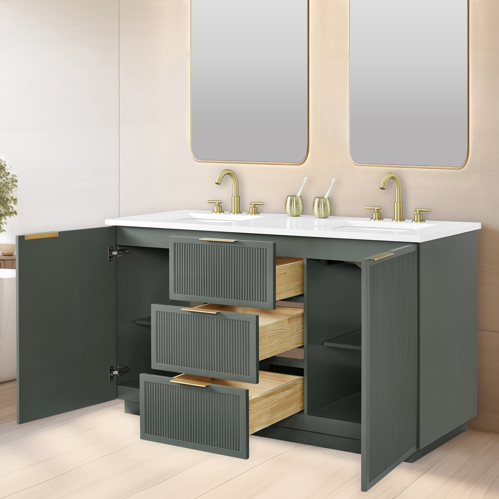 Aderyn 60" Pine Double Bathroom Vanity, Vintage Green/Brushed Bronze
