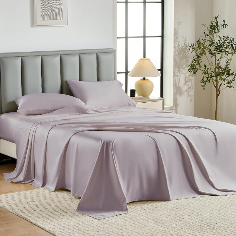 Ensemble de draps 100% coton 400 fils, Ensemble de draps pour grand lit avec 2 taies d'or, Gris lavande