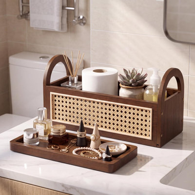 2 Pcs Bathroom Basket Organizer and Vanity Tray Set Rattan Wooden Toilet Tank Basket Topper with Handle Small Rectangular Vanity Tray for Bathroom Home Laundry Living Room Storage