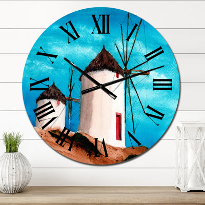 Two White Windmills Under Thatched Roofs - Industrial Wall Clock