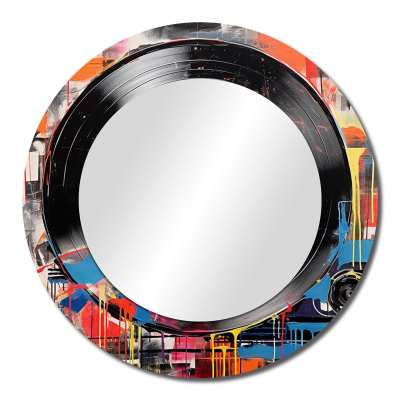 Coloré rétro vinyle III - grand disque vinyle, miroir mural rond unique moderne, art imprimé en métal, 23 po x 23 po