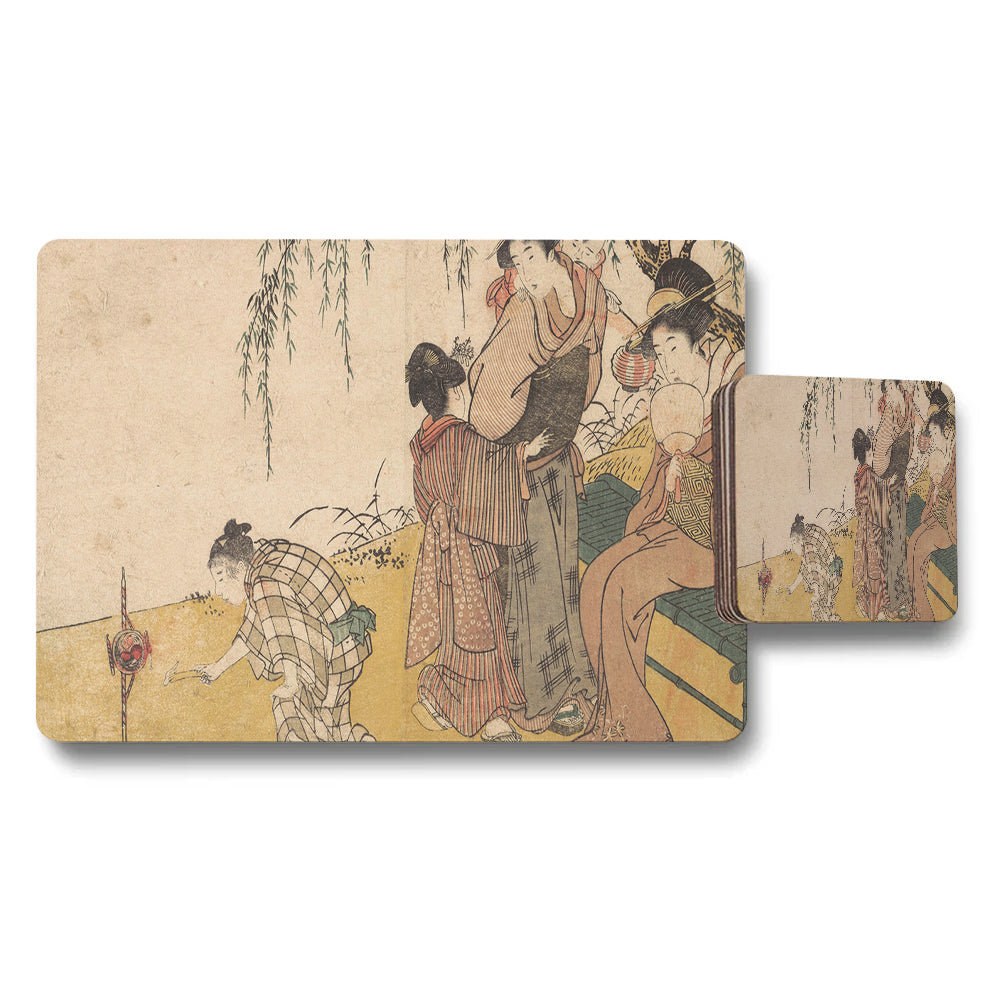 Japanese Ukiyoe Placemat and Coaster Set With Traditional Scene