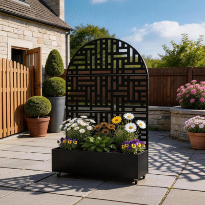 Brinley Metal Planter Box with Trellis and Wheels