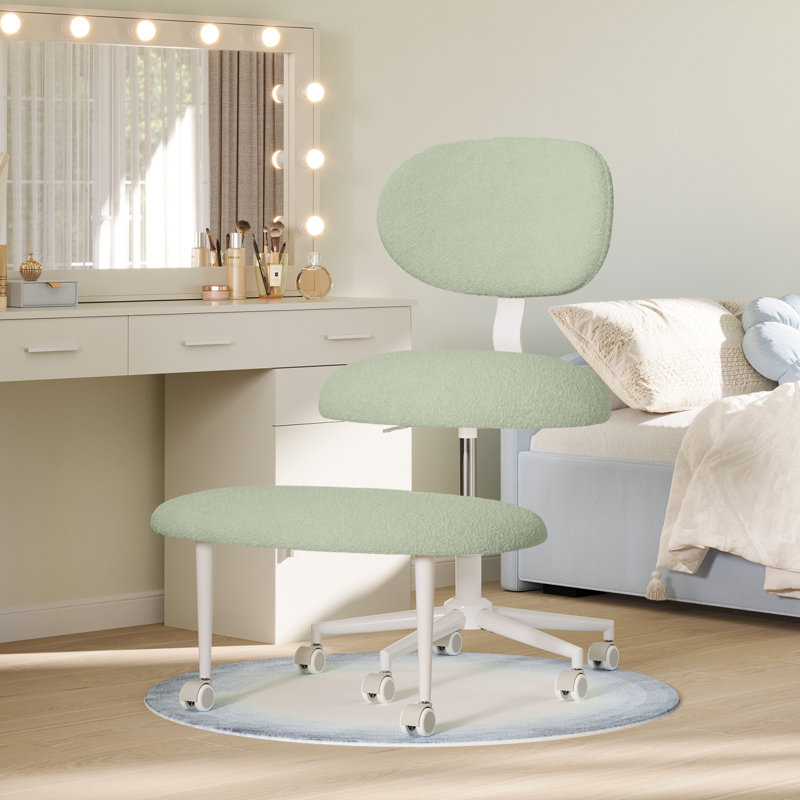 Upholstered Teddy Fabric Office Chair Adjustable Height Ergonomic Desk Chair With Lumbar Support And Wheels, Green