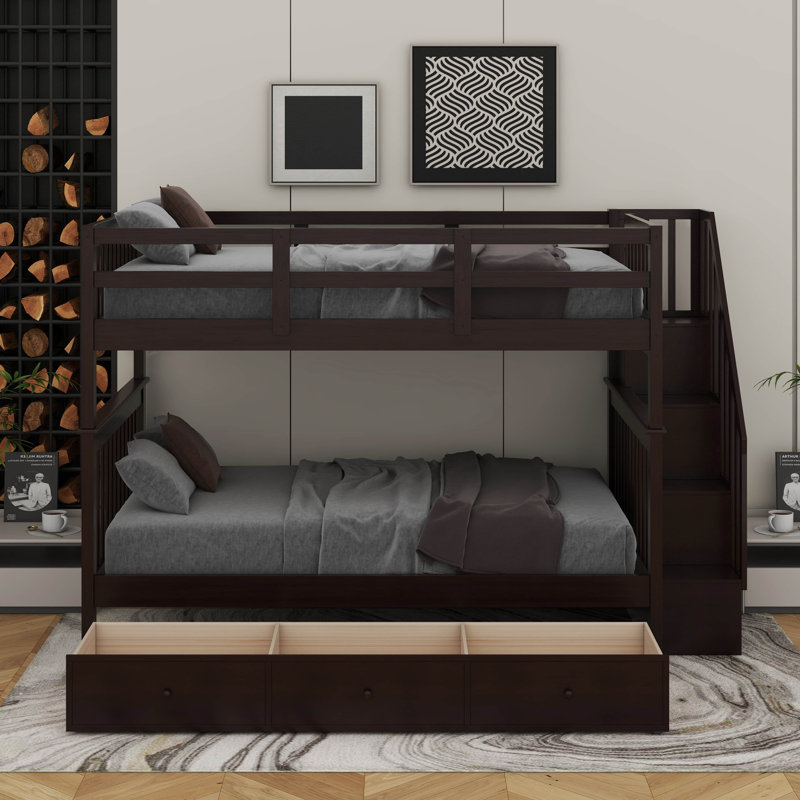 3 Drawers Wood Standard Bunk Bed, Espresso, Full Over Full