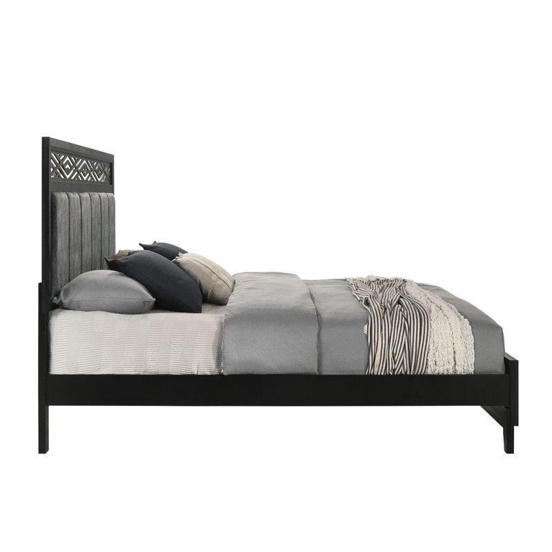 Très grand lit Kira, découpes géométriques, revêtement en polyester gris, noir, Très grand