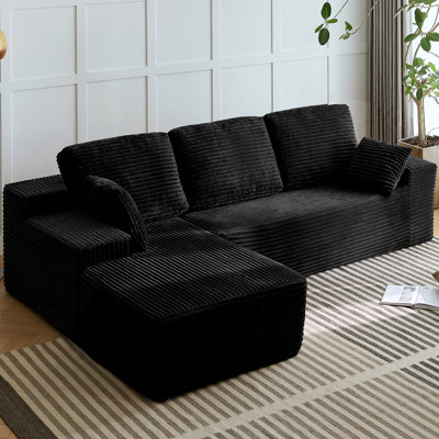 Compression-Boneless 96" L-Shaped Cloud Sectional Sofa with Oversized Chaise, Modular Corduroy Couch for Living Room , Deep Seat No Assembly Required（Black.Left Hand Facing)