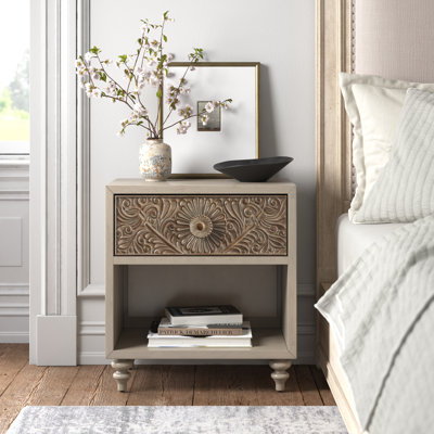 Table de chevet 1 tiroir Mathes - blanc antique / beige