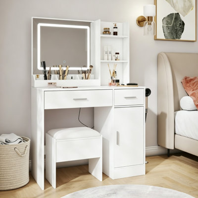  Meuble-lavabo avec miroir à DEL et station de charge, table de maquillage avec tiroirs et armoire de rangement avec tabouret pour chambre à coucher, blanc