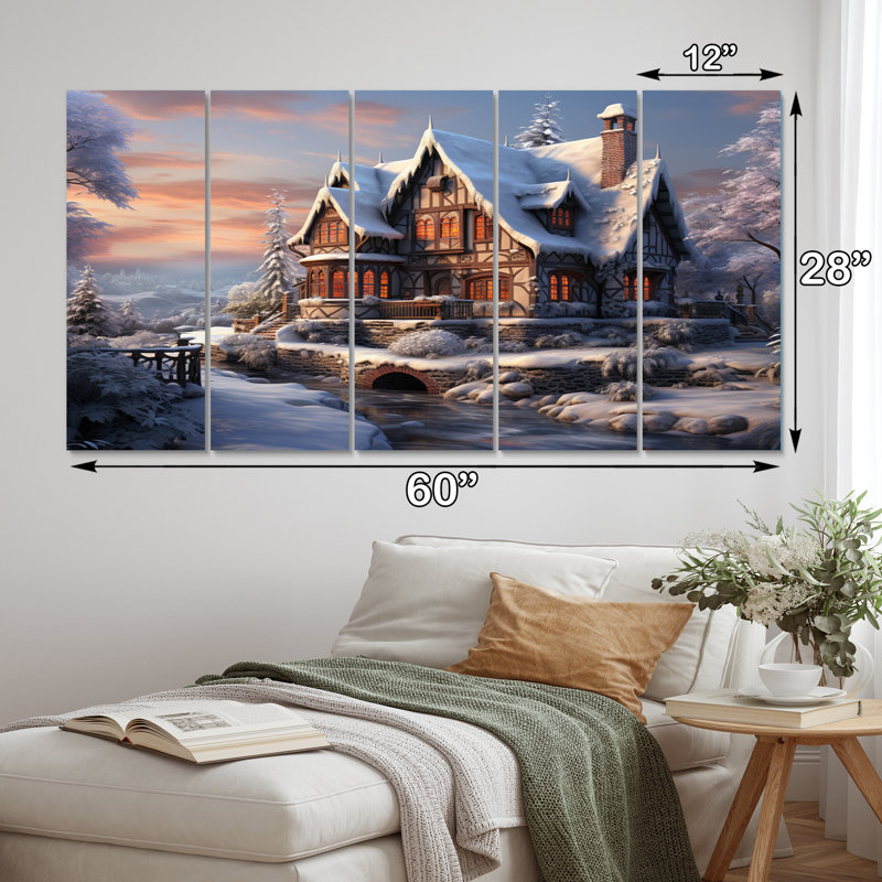 «Winter Snowy Cottage III», impression d'art mural de paysages - 5 panneaux égaux