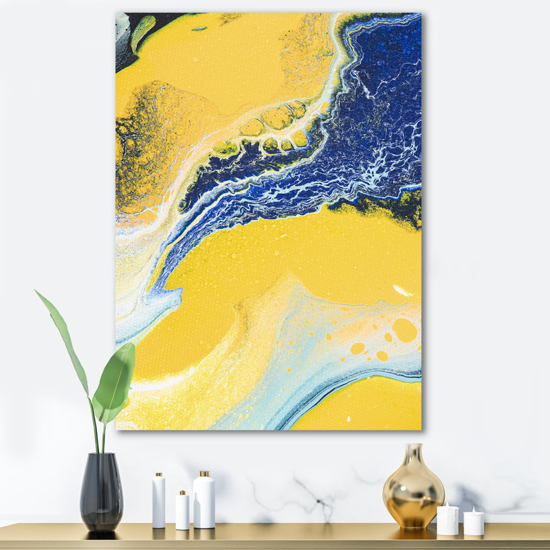 Composition abstraite en jaune et bleu VII - peinture sur toile, H 32 po x l 24 po x P 1 po, Toile tendue