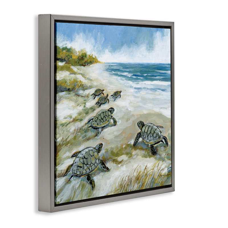 Bébé tortues de mer sur un cadre flottant, par Susan Winget, H 18 po x l 18 po, Cadre flottant gris lustré