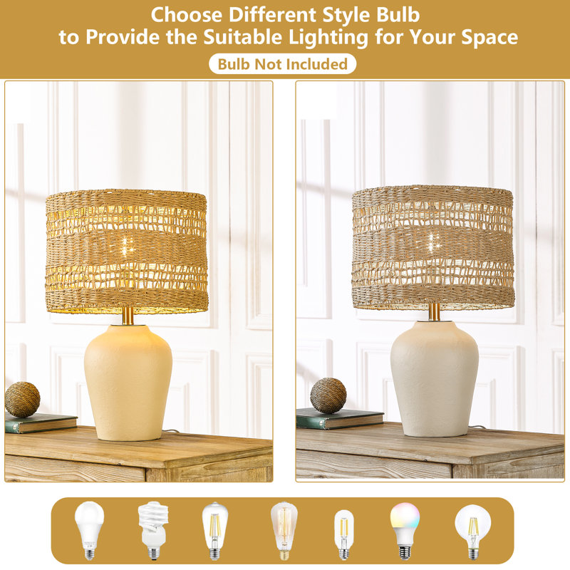 Boho Style Ceramic Rattan Table Lamp For Living Room/Bedroom/Entryway Console/Decorative Supplements With Rattan Accent