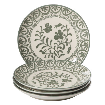 Bloomhouse – 2-Time Oprah’s Favorite Things – Valencia Flor 4 Piece 10.75” Dinner Plate Set, Stoneware Plates, Mediterranean Floral Decal Design, Fern Green