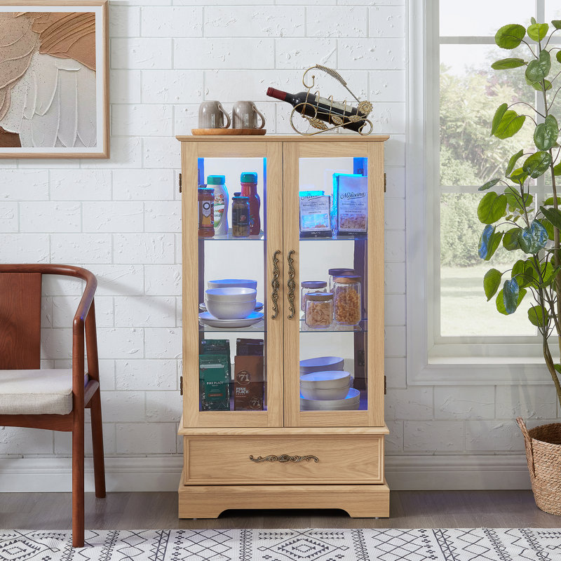 Vitrine lumineuse en verre avec tablettes réglables - 2 portes, 1 tiroir, lumières DEL, finition chêne clair élégant