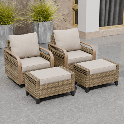 4-Piece Outdoor Patio Brown Wicker Wood Grain Armrest Swivel Glider Chair Seating Group with Cushion, Ottomans