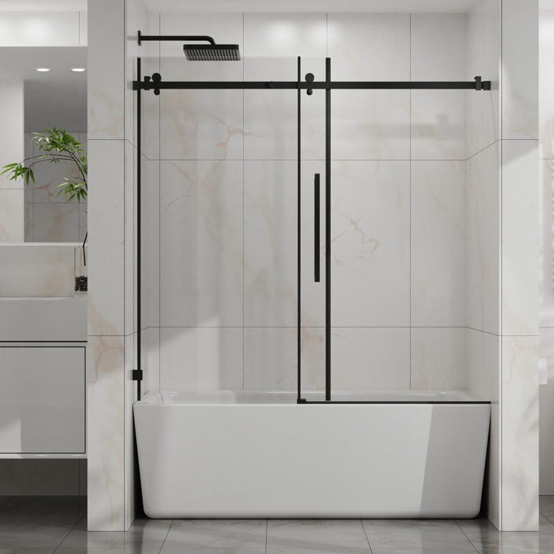 Porte coulissante en verre l 60 po x H 58 po, verre trempé transparent de 1/4 po de 6 mm d'épaisseur, cadre en acier inoxydable, coulissement doux, fonctionnement silencieux, technologie anti-éclaboussures, douche de baignoire noire matte de 6 mm avec