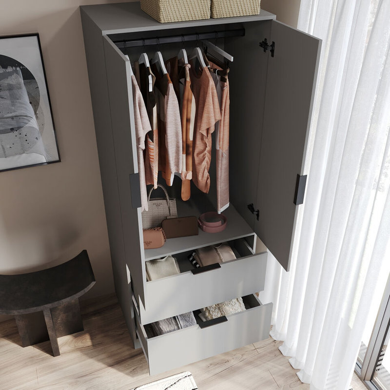 Sibby 2 Door Solid Wood Wardrobe, Grey