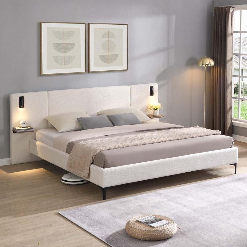 Lit rembourré avec lumières et tablettes intégrées, Très grand lit, Blanc