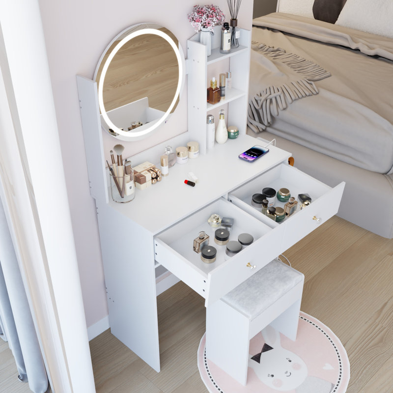 Table de coiffeuse à DEL ronde 17 po avec tabouret rembourré, miroir tricolore, luminosité réglable, commande tactile, 2 ports intégrés AC + 1 ports de type C, rangement multi-couches, style américain, habillage blanc