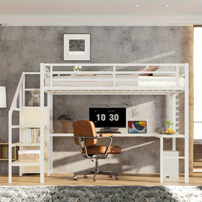 All-in-one Queen Size Metal Loft Bed With L-shaped Desk, Wardrobe, Stairs, Usb Charger & Led Lights For Teens And Adults