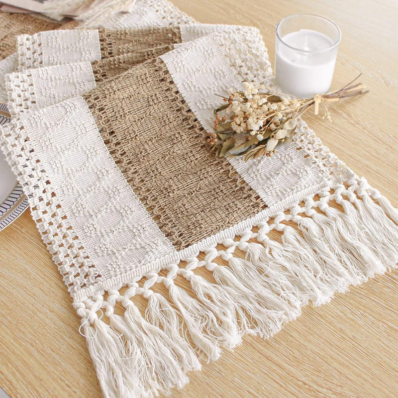 Chemin de table Boho pour la décoration d'été avec glands 72 pouces de long chemin de table rustique en macramé, décoration de table en toile de jute pour le salon, douche nuptiale (12 x 72 pouces)