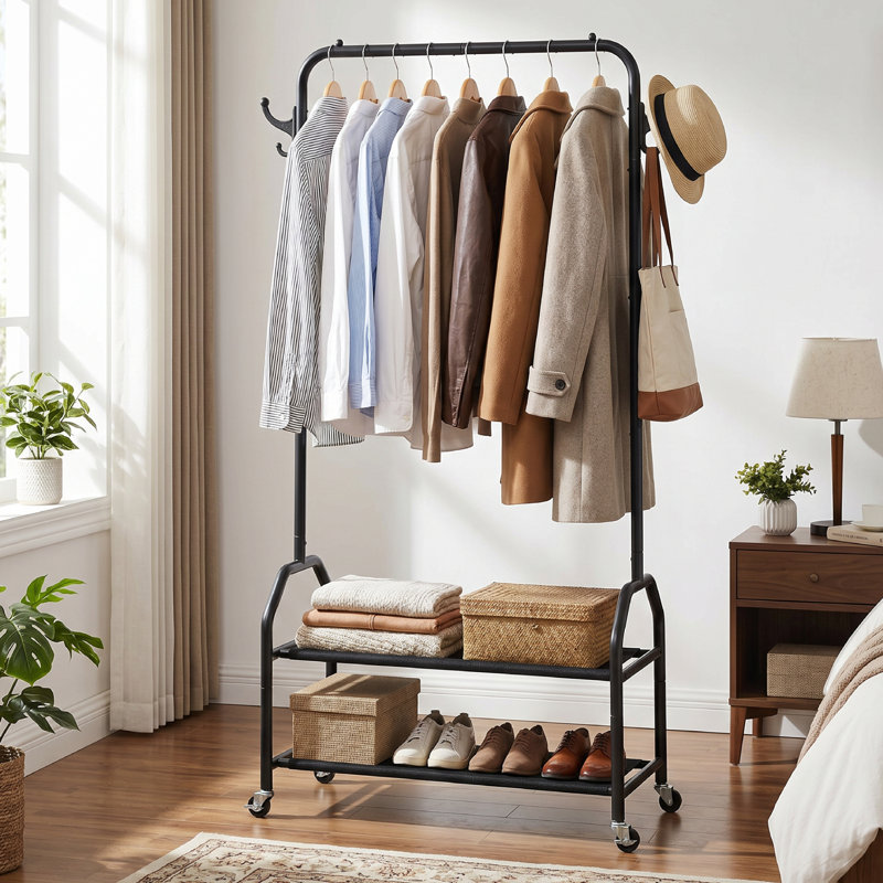 Portant à vêtements, organisateur de vêtements autoportant avec tablette inférieure et crochet latéral, support à vêtements, organisateur de vêtements portatif Cloest