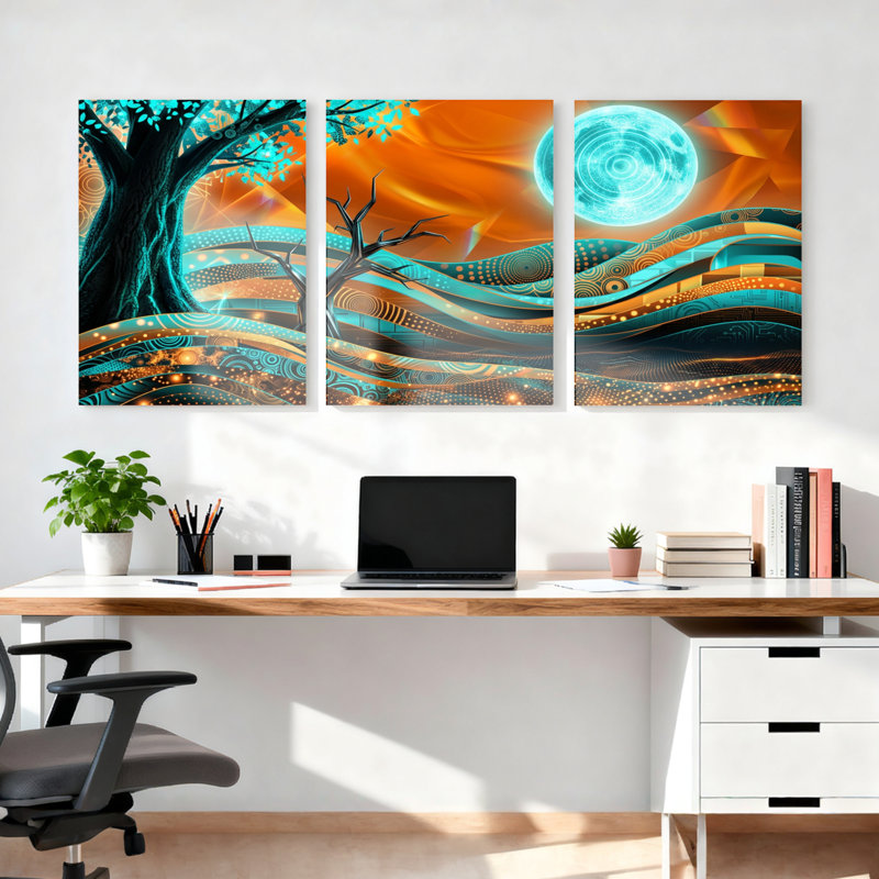 Ensemble de 3 tableaux sur toile représentant un paysage abstrait d'arbre et de lune, H 36 po x l 72 po