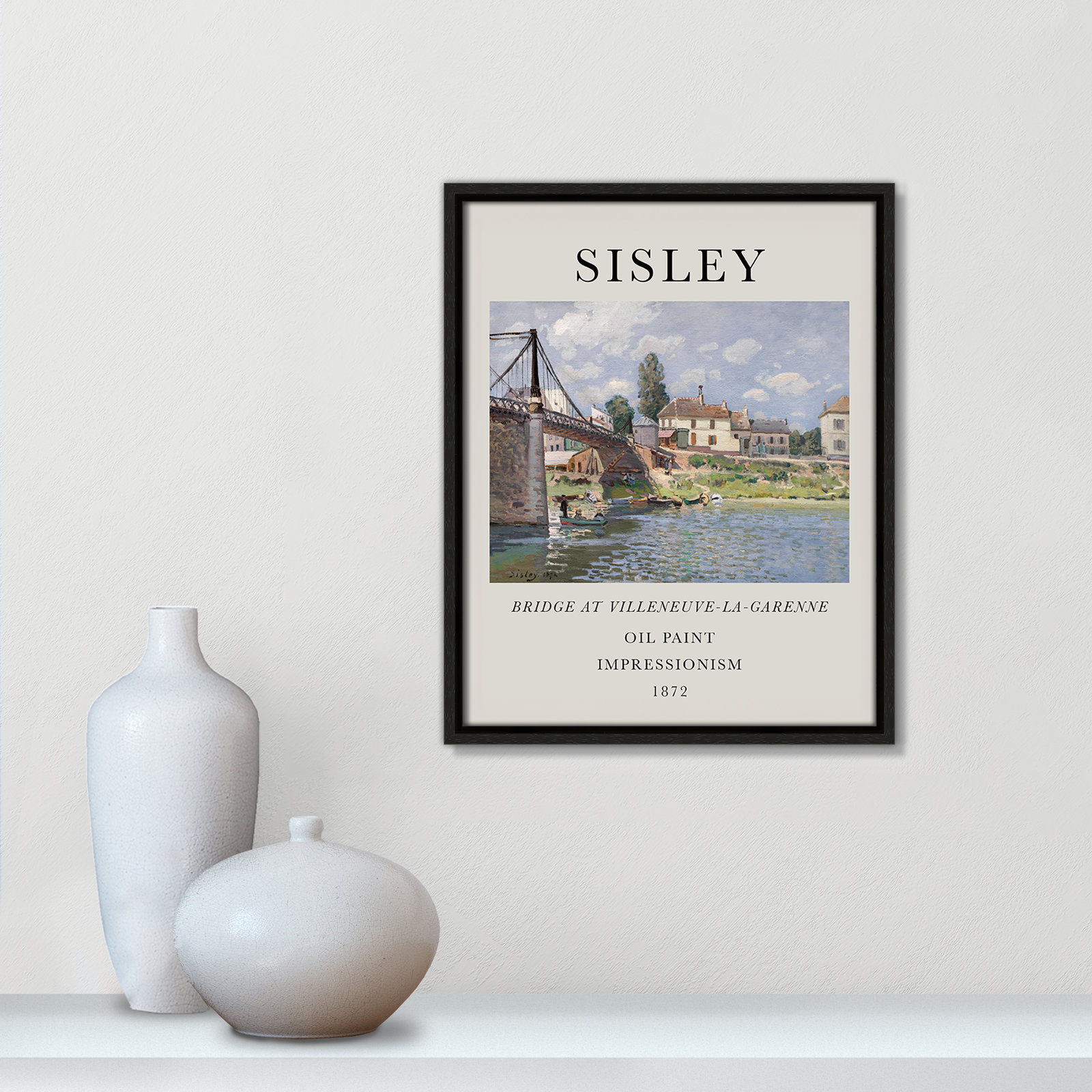 Old Masters Collection " The Bridge At Villeneuve " by Alfred Sisley, Espresso Floater Frame, No, 15.5" H x 12.5" W x 2" D