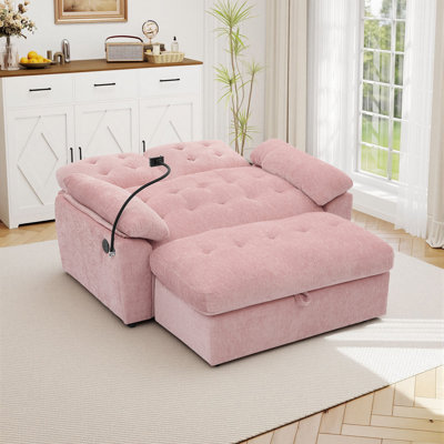 Chenille Oversized Chaise Lounge Chair With Storage Ottoman,reclining Chair With Phone Stand & Usb Charging Port