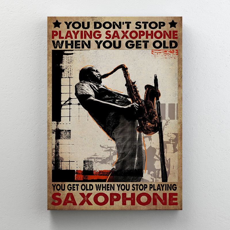 «Man jouant du saxophone - Vous ne cessez pas de jouer du saxophone lorsque vous obtenez une vieille toile tendue», Illustration musicale, décor de salon noir