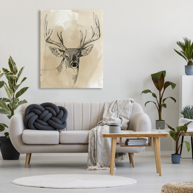 " Rustic Buck Illustration Wilderness Animals Watercolor Pattern ", 48" H x 36" W x 1.5" D, Wrapped Canvas